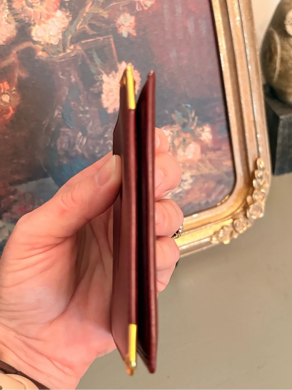 Cartier Burgundy Leather Men's Wallet with Gold Corner Accents